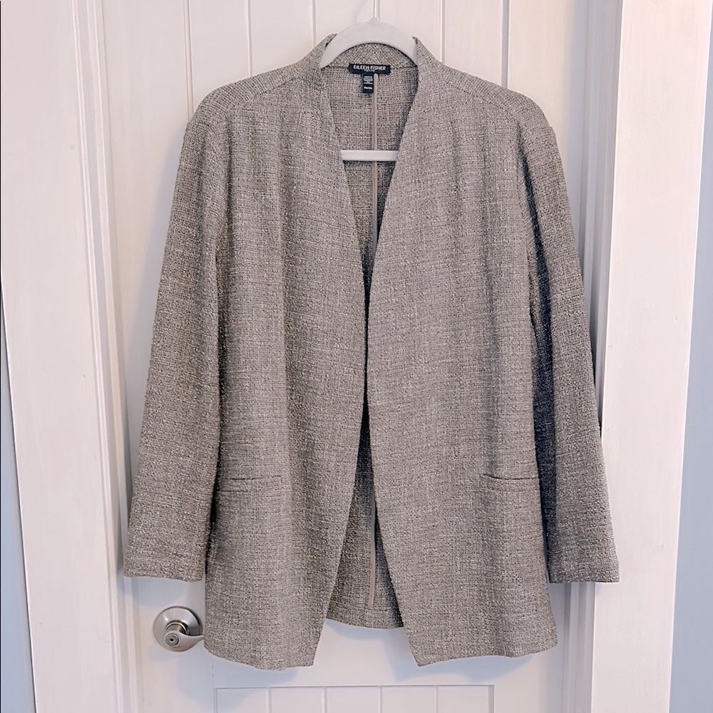Eileen Fisher Cotton Tweed Tan Gray Open Front Jacket Petite Medium, nwot